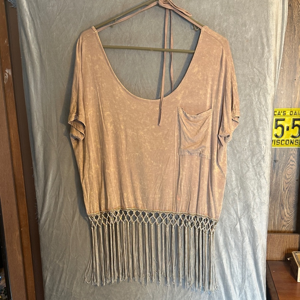 POL Beige Fringe Short Sleeve Top